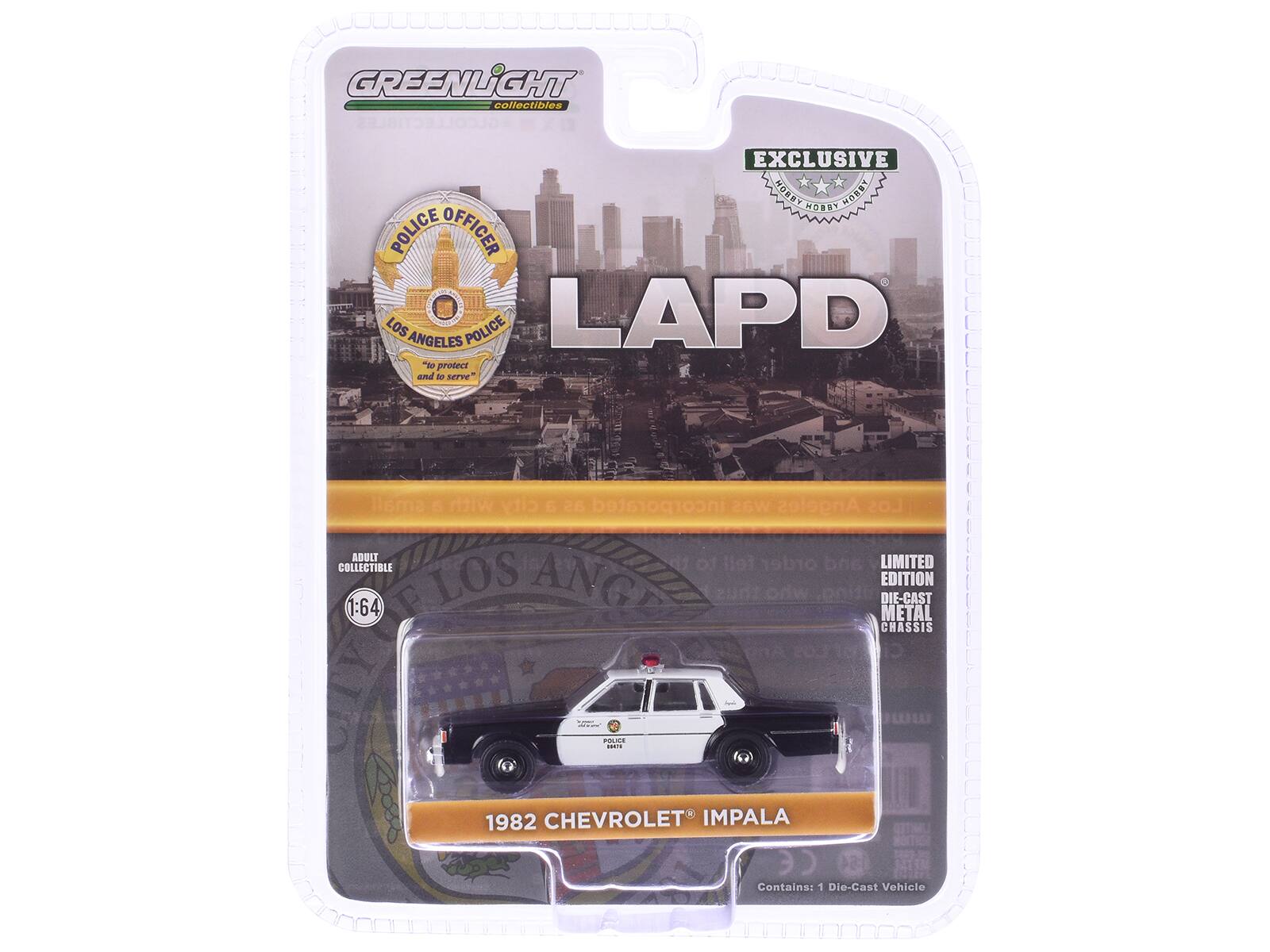 GREENLIGHT collectibles EXCLUSIVE HOBBY NOBBY LAPD "To protect and to serve" LOS ANGELES POLICE LAPD "To protect and to serve" small DIE-CAST EDITION METAL CHASSIS - 1982 CHEVROLET IMPALA Contains: 1 Die-Cast Vehicle