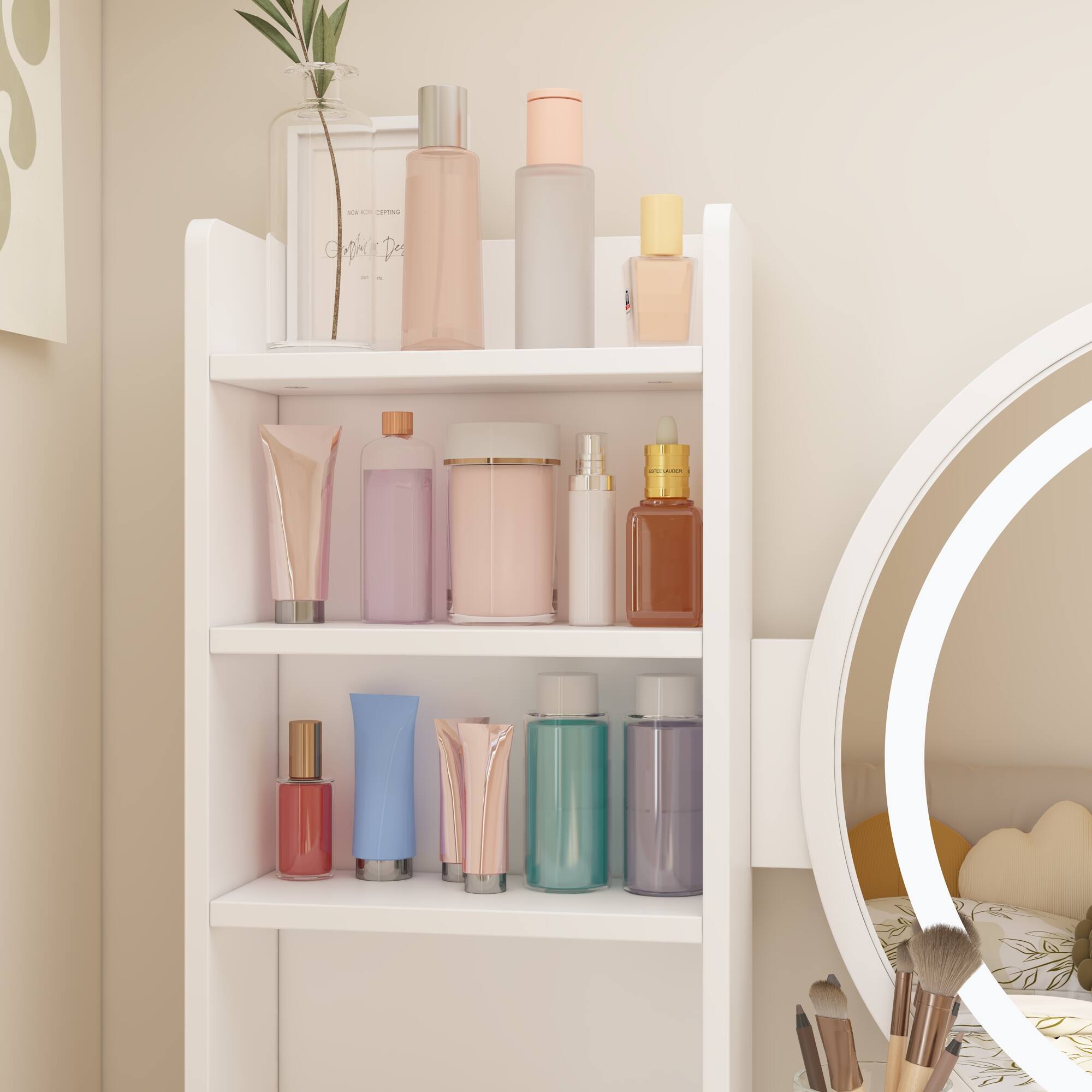 Alt View 2. Famapy - Vanity Desk with 3-Color LED Mirror & Upholstered Stool, Makeup Table with Drawers & Shelves for Bedroom - White.