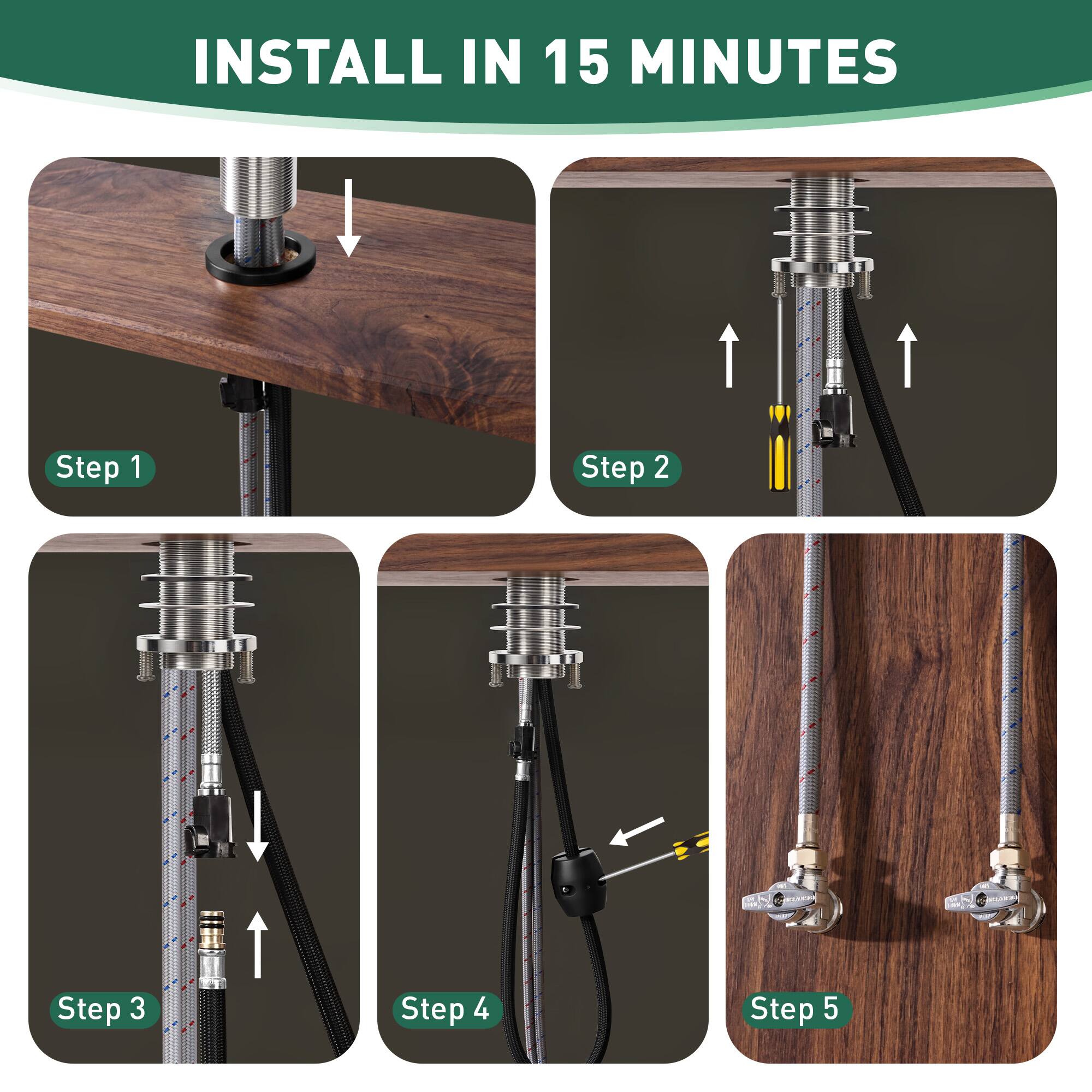 INSTALL IN 15 MINUTES

Step 1

Step 2

Step 3

Step 4

Step 5