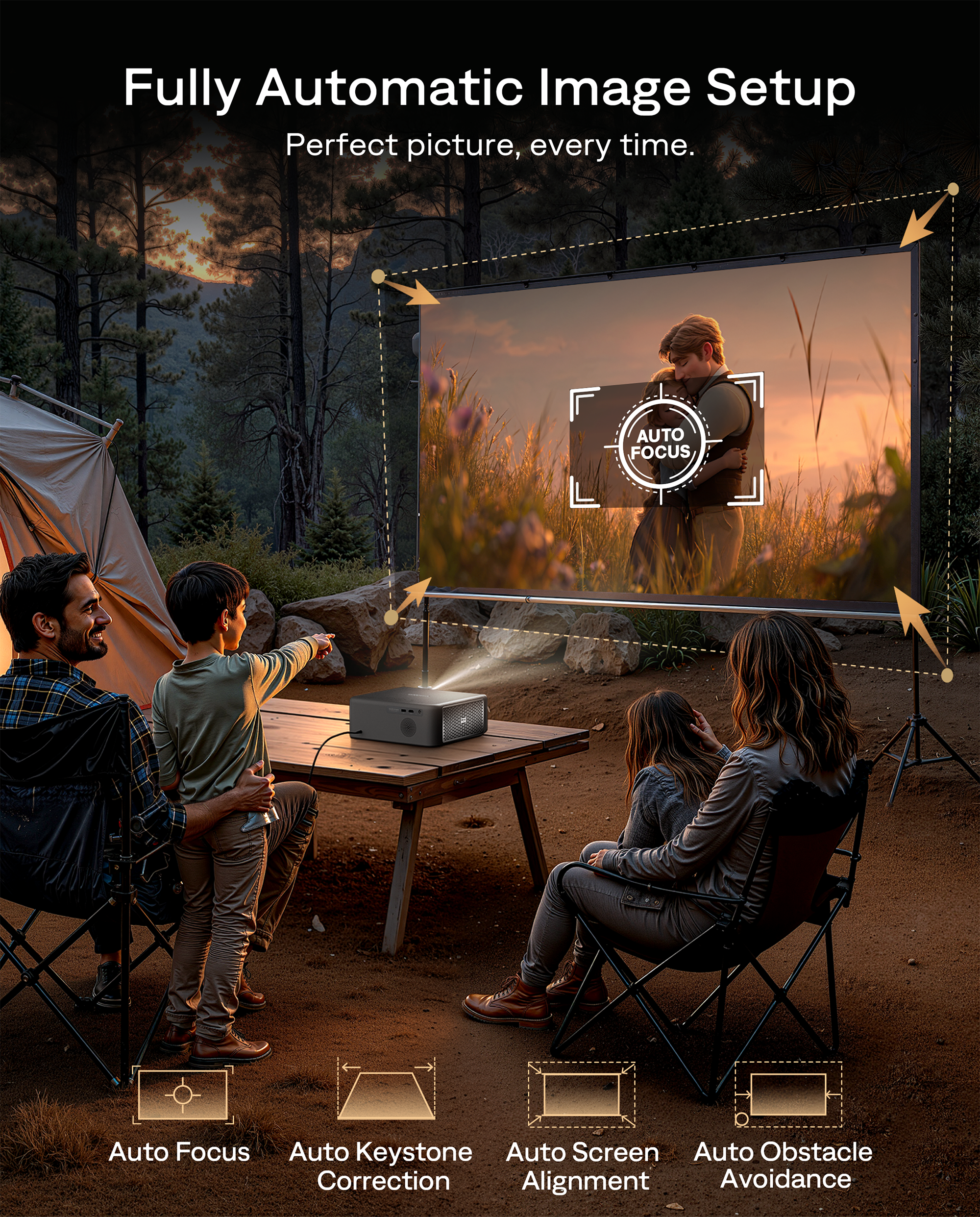 Fully Automatic Image Setup  
Perfect picture, every time.  

AUTO FOCUS  
Auto Focus  
Auto Keystone Correction  
Auto Screen Alignment  
Auto Obstacle Avoidance