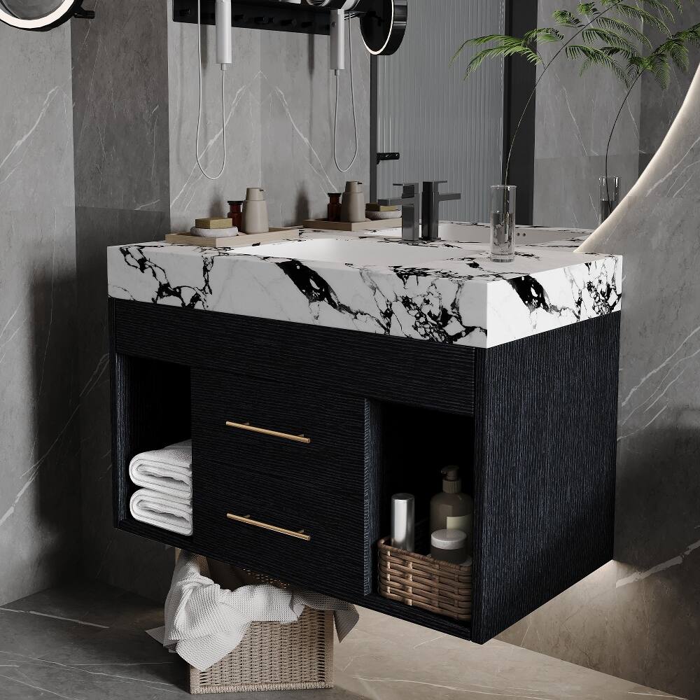 Back. Loheer - Loheer 29.9 inch floating bathroom vanity with sintered stone top and ceramic undermount sink for small bathrooms - Black.