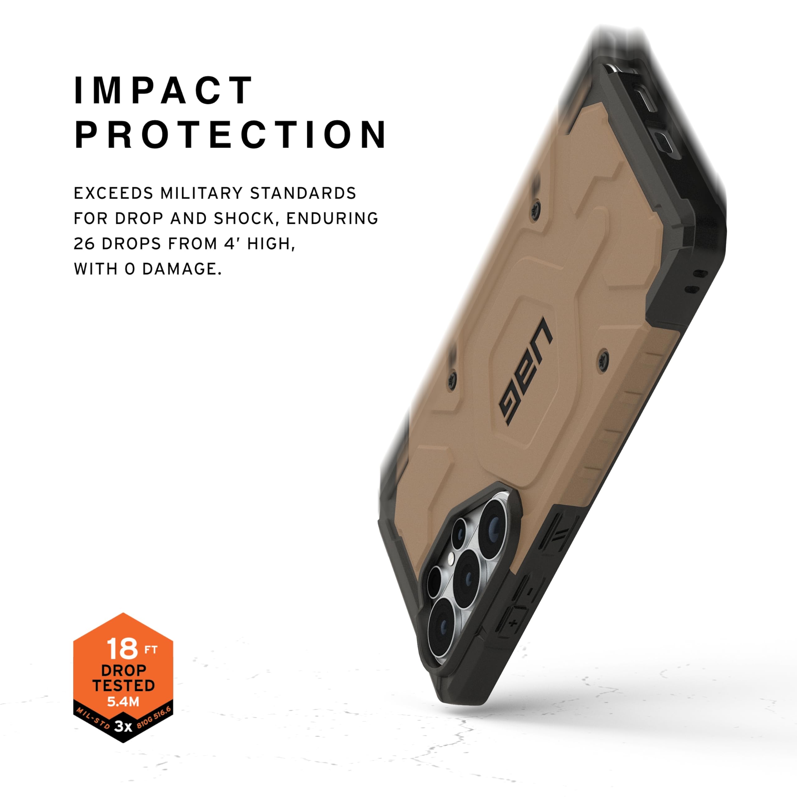 IMPACT PROTECTION

EXCEEDS MILITARY STANDARDS FOR DROP AND SHOCK, ENDURING 26 DROPS FROM 4' HIGH, WITH 0 DAMAGE.

UAG 18 FT DROP TESTED 5.4M

MIL-STD 8100.516.6 216.5 3x 8106