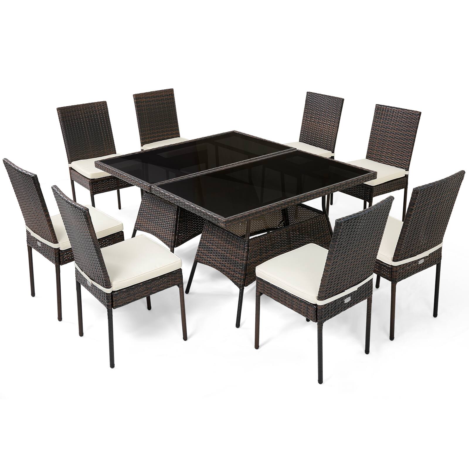 Gymax - 10 PCS Rattan Dining Set w/ Glass Table & High Back Chair Patio - Mix brown