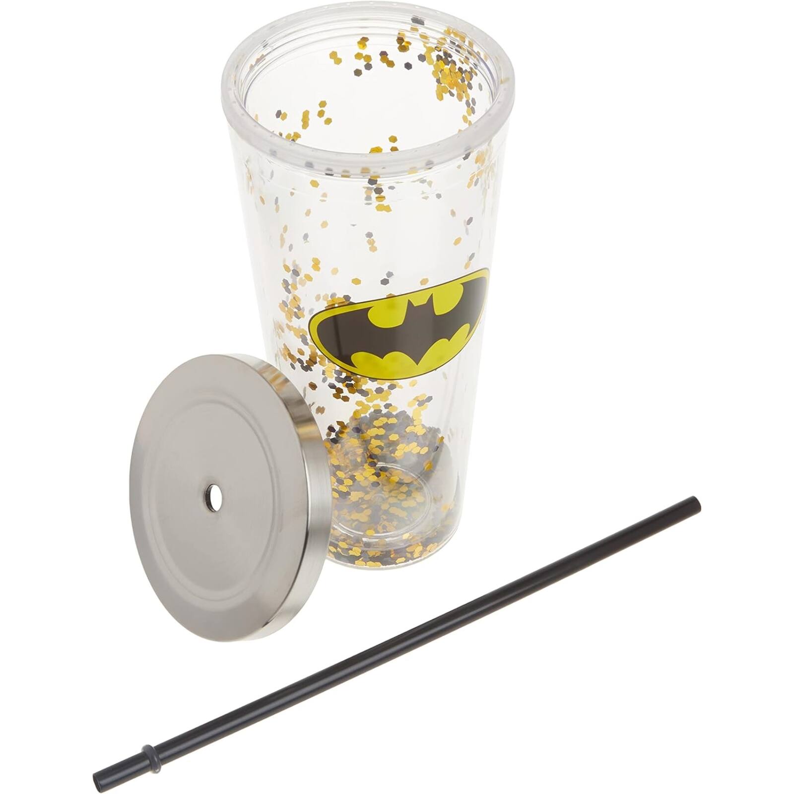 Left. Spoontiques - Spoontiques DC Comics Batman Logo Double Walled Insulated Acrylic Tumbler Glitter Cup with Straw 20 ounce - Multicolor.