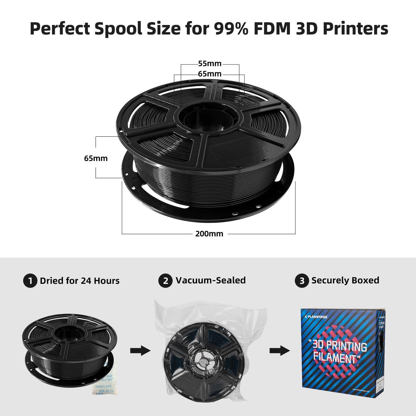 Perfect Spool Size for 99% FDM 3D Printers

- 55mm
- 65mm
- 65mm
- 200mm

1. Dried for 24 Hours
2. Vacuum-Sealed
3. Securely Boxed

PLASHFORGE 3D PRINTING FILAMENT