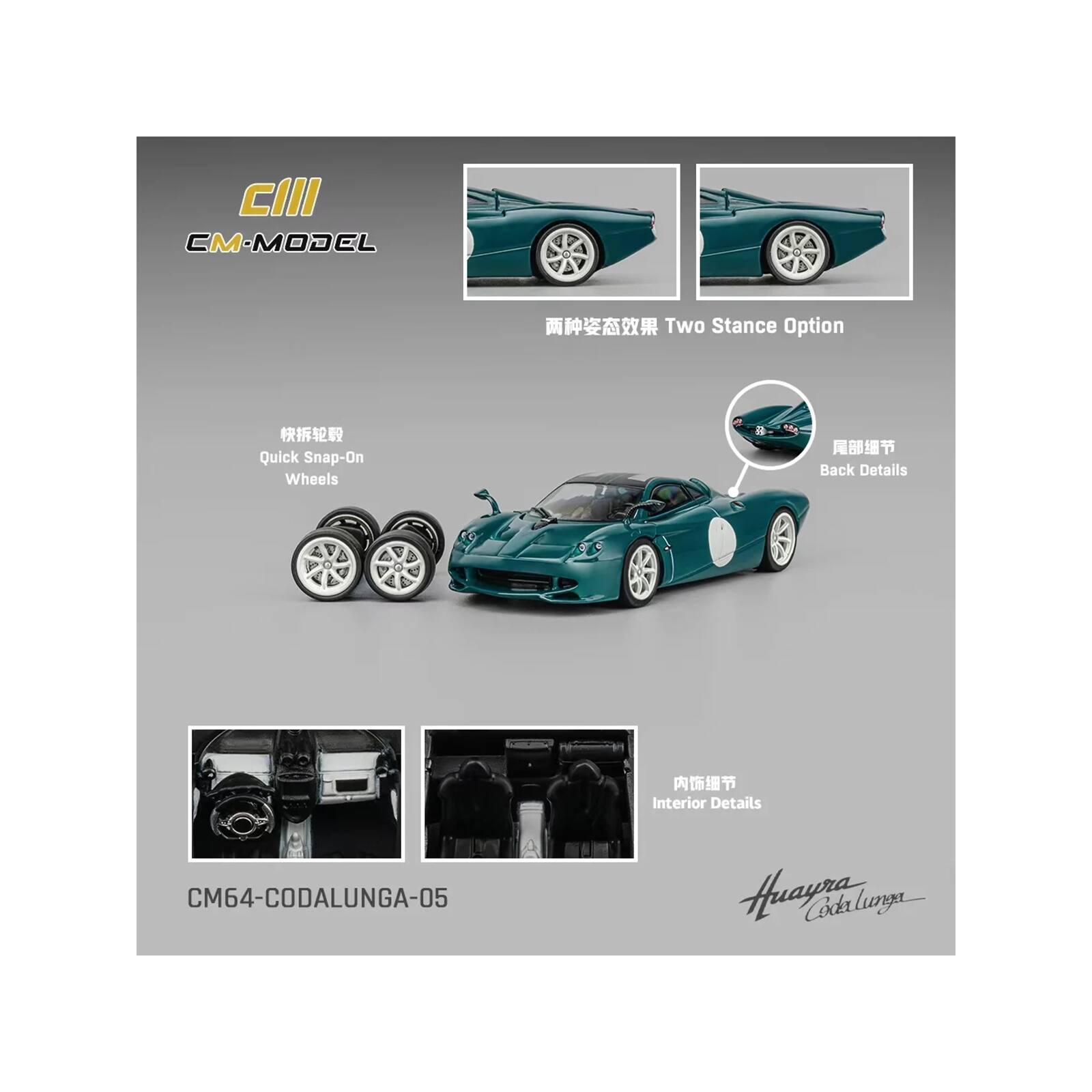 CM-MODEL

Two Stance Option

Quick Snap-On Wheels

Back Details

CM64-CODALUNGA-05

Interior Details Huayra Codalunga