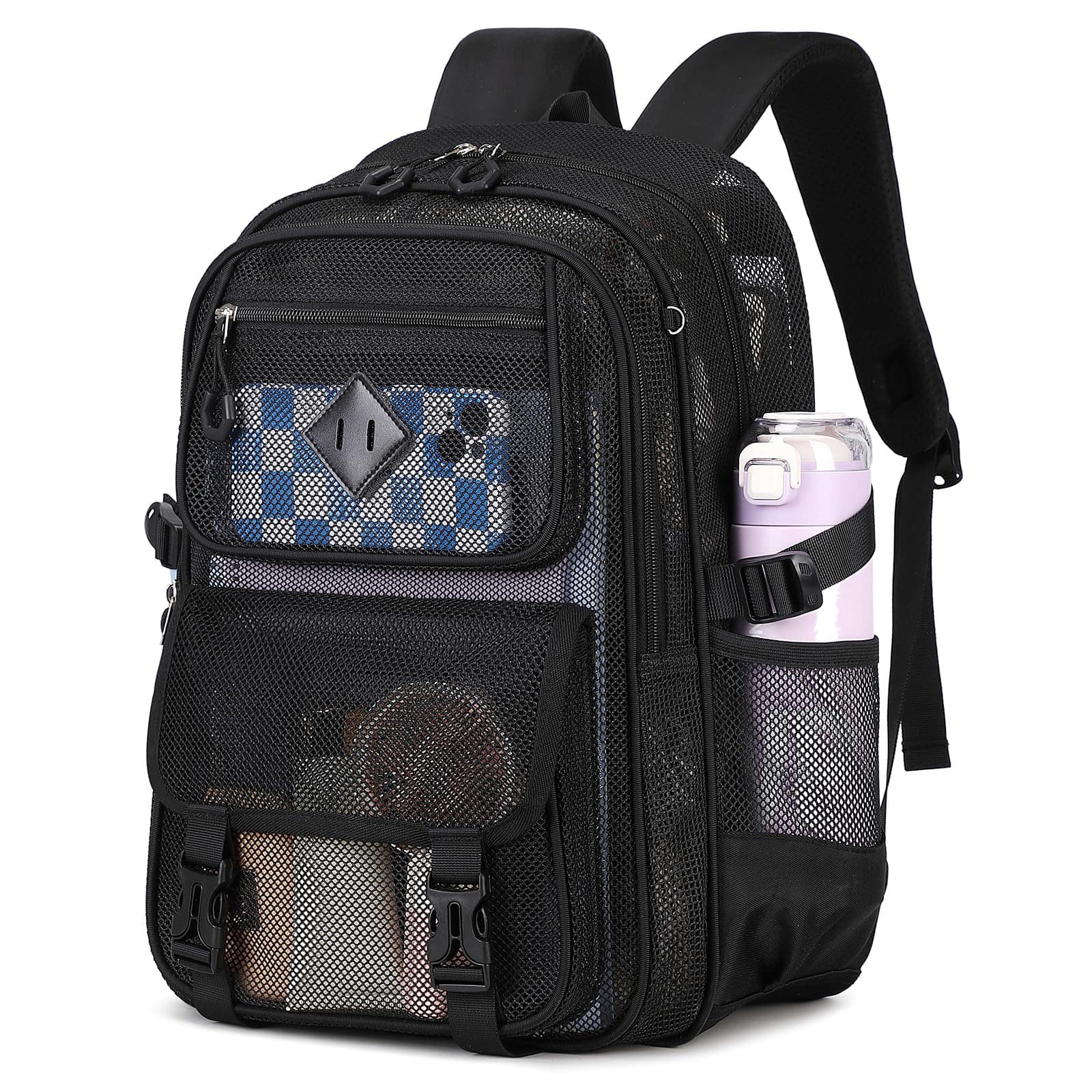 Stamp n Camp - Mesh Backpack 17in Heavy Duty See Through Ultra lightweight Net Bookbag Breathable Transparent Beach Backpacks For - Black