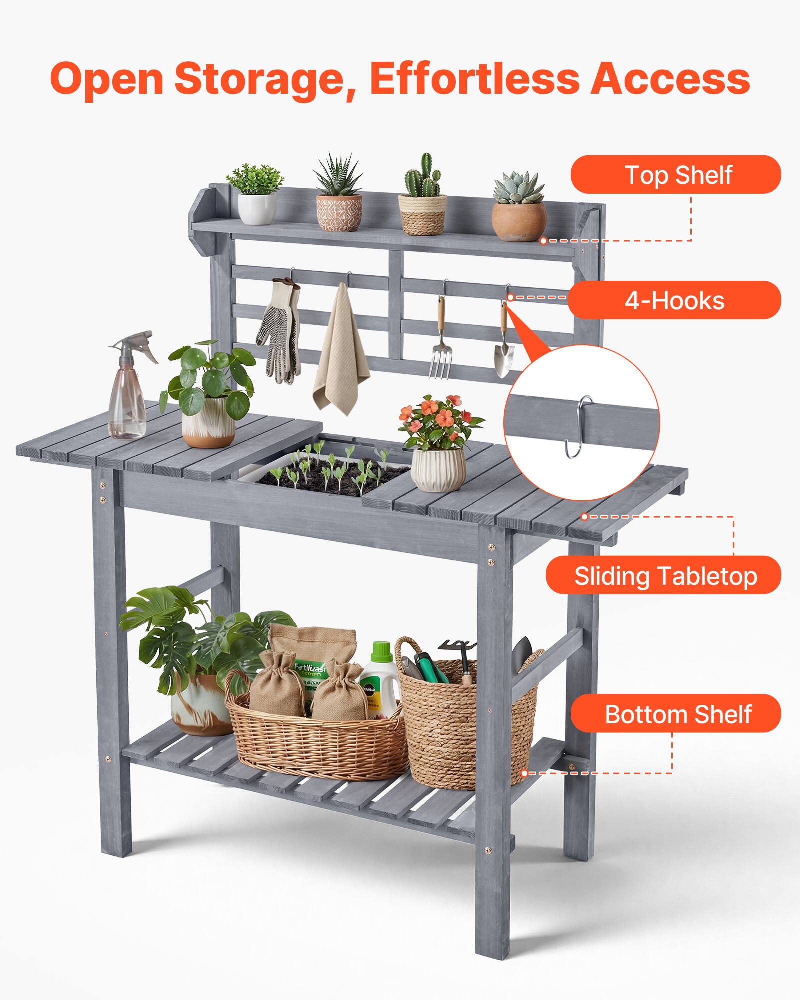 Open Storage, Effortless Access  
Top Shelf  
4-Hooks  
Sliding Tabletop  
Bottom Shelf