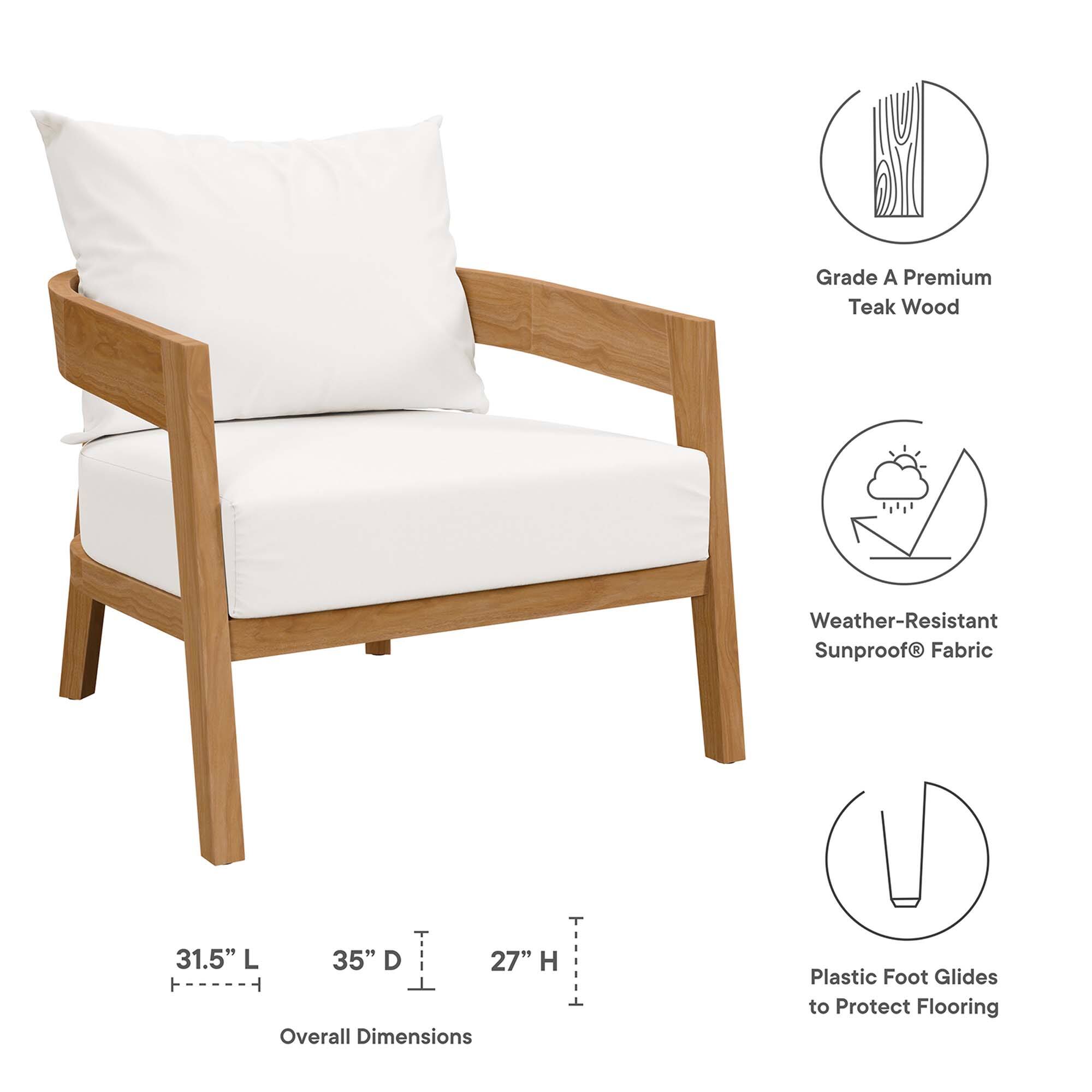 Grade A Premium Teak Wood  
Weather-Resistant Sunproof Fabric  
31.5" L x 35" D x 27" H  
Overall Dimensions  
Plastic Foot Glides to Protect Flooring