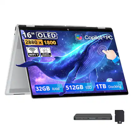 16" OLED 2880 x 1800 Copilot + PC
WiFi 7
Backlit Keyboard
32GB RAM
512GB SSD
1TB Docking