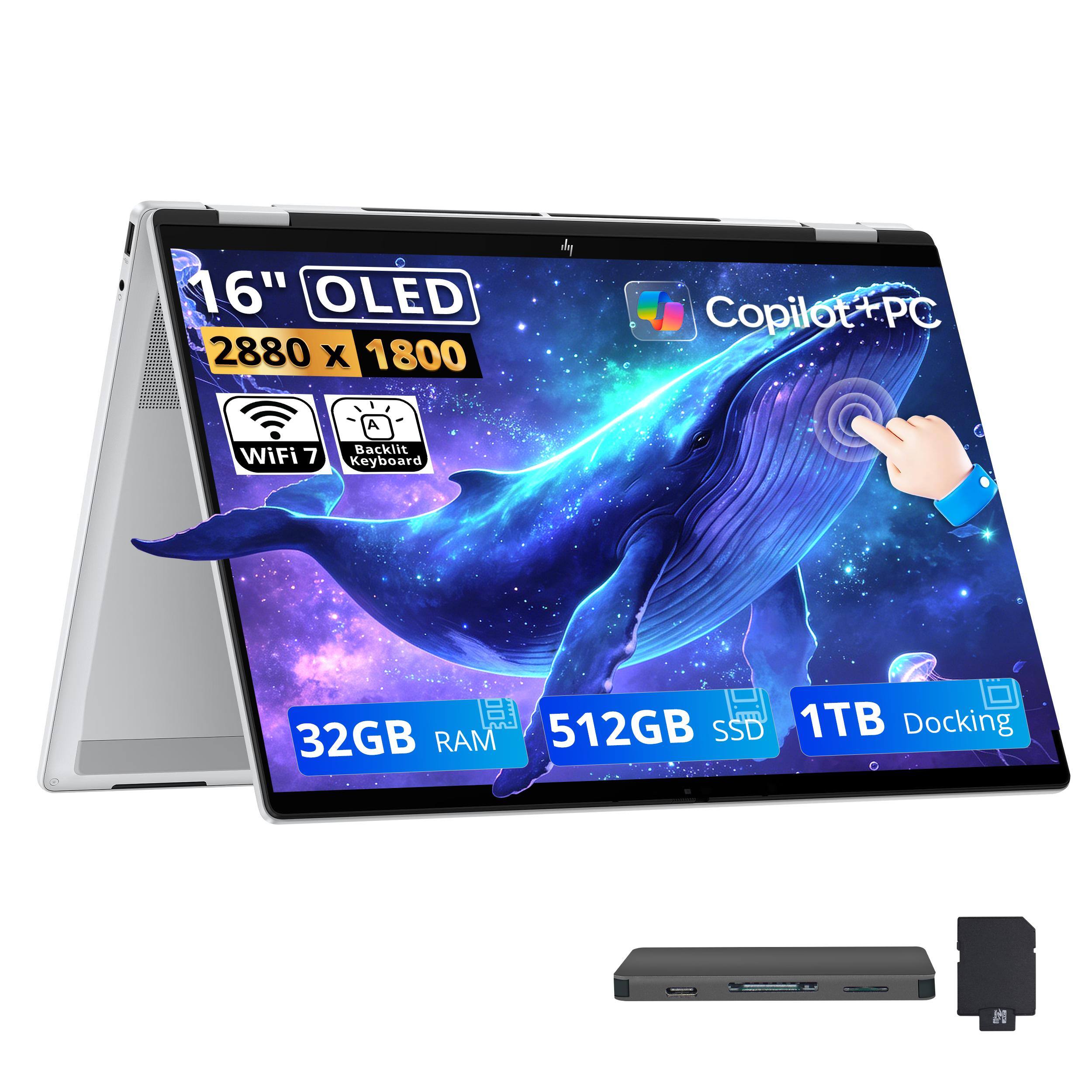 16" OLED 2880 x 1800 Copilot + PC  
WiFi 7  
Backlit Keyboard  
32GB RAM  
512GB SSD  
1TB Docking