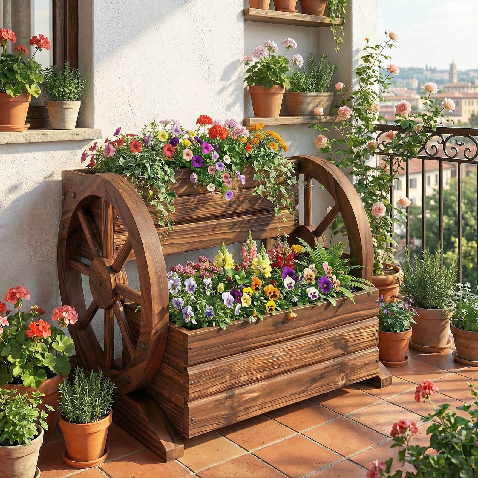 Alt View 3. Costway - Costway 1 PCS 2-Tier Rustic Wagon Planter Box with Drainage Holes&Wheels for Patio Balcony Garden - Coffee.