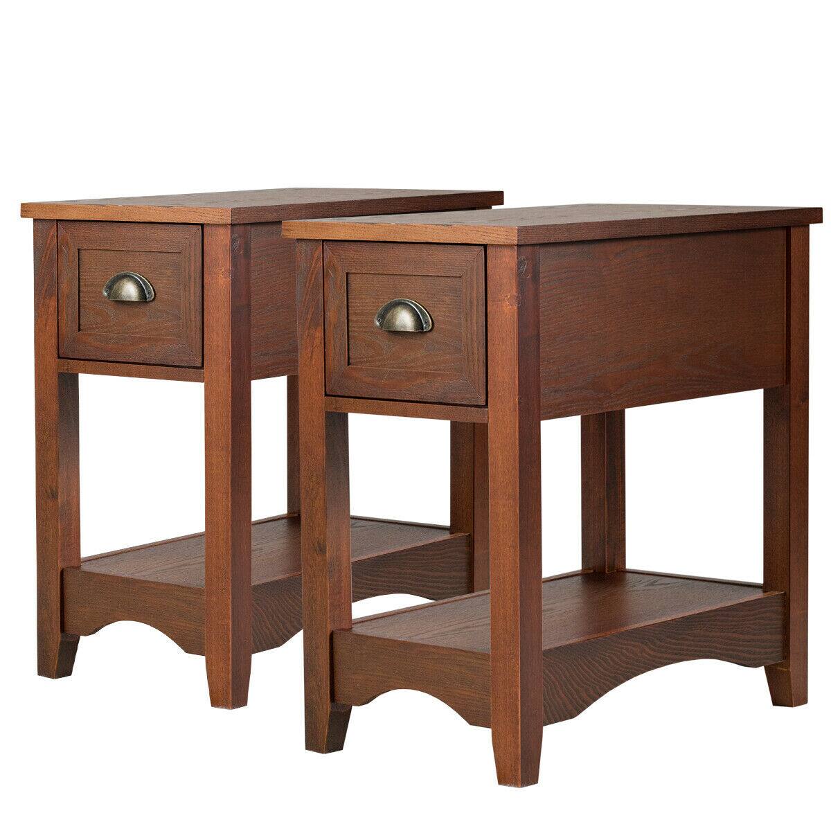 Gymax - Set of 2 Contemporary Side End Table Compact Table w/ Drawer Nightstand - Walnut