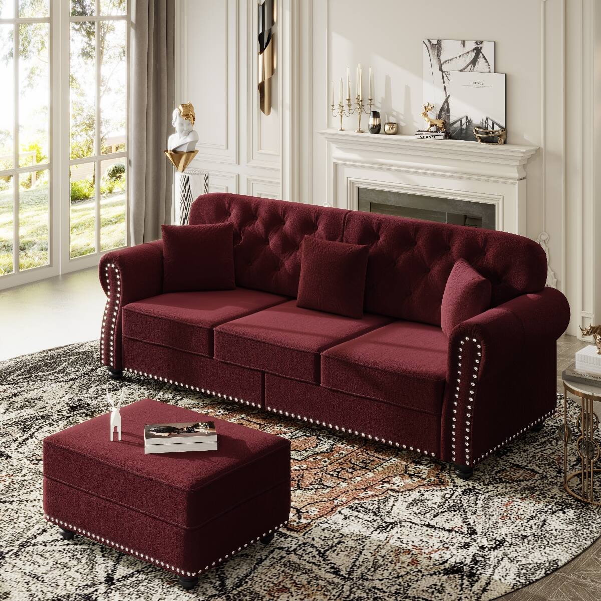 Alt View 2. Ropilly - Ropilly Burgundy Velvet Sofa with Ottoman, Mid Century Modern Chesterfield Sofa, Button Tufted Rolled Arms - Burgundy.