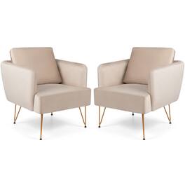 Costway - 2 PCS Modern Accent Chair with Back Cushion Golden Metal Legs Comfy Sofa Chair - Beige