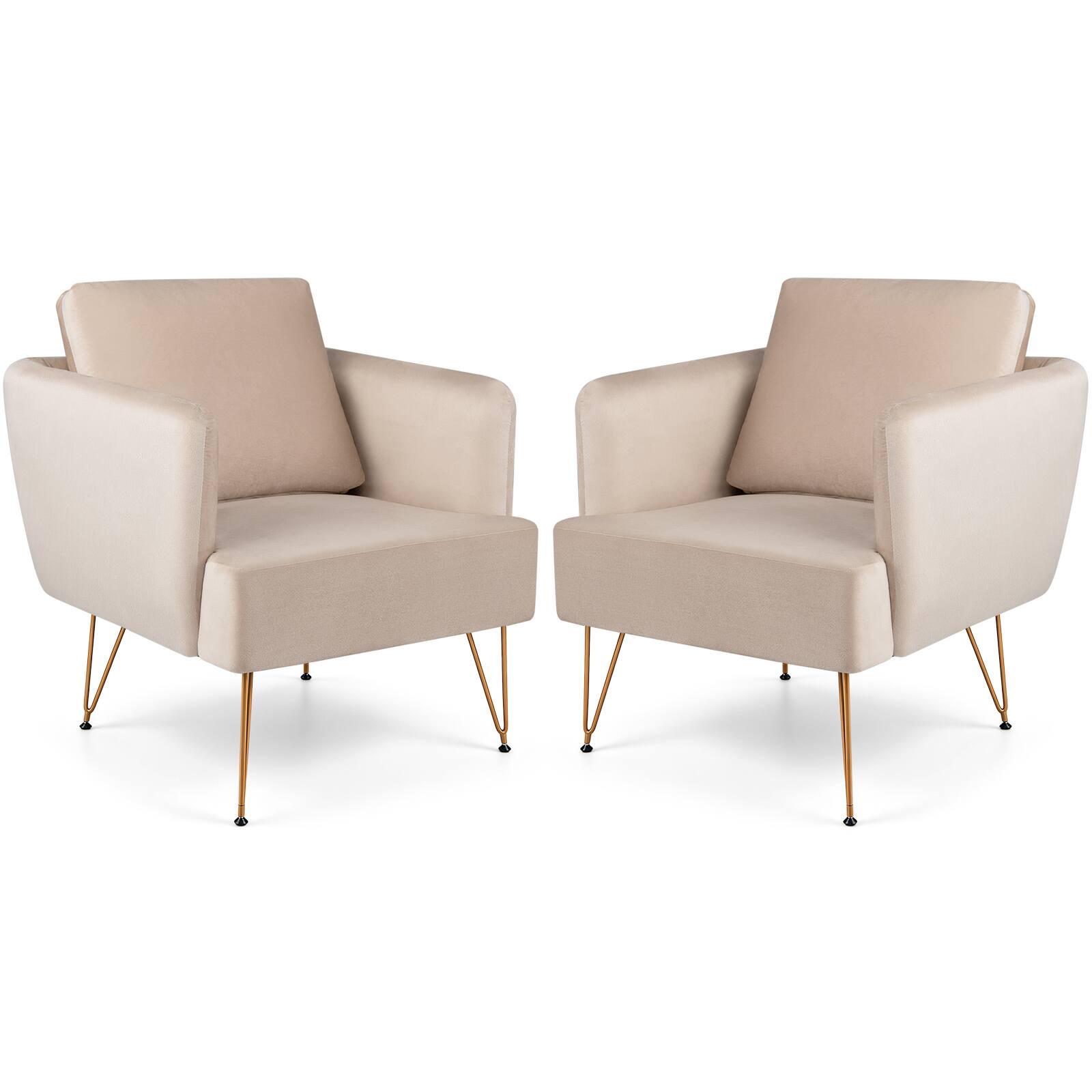 Costway - 2 PCS Modern Accent Chair with Back Cushion Golden Metal Legs Comfy Sofa Chair - Beige