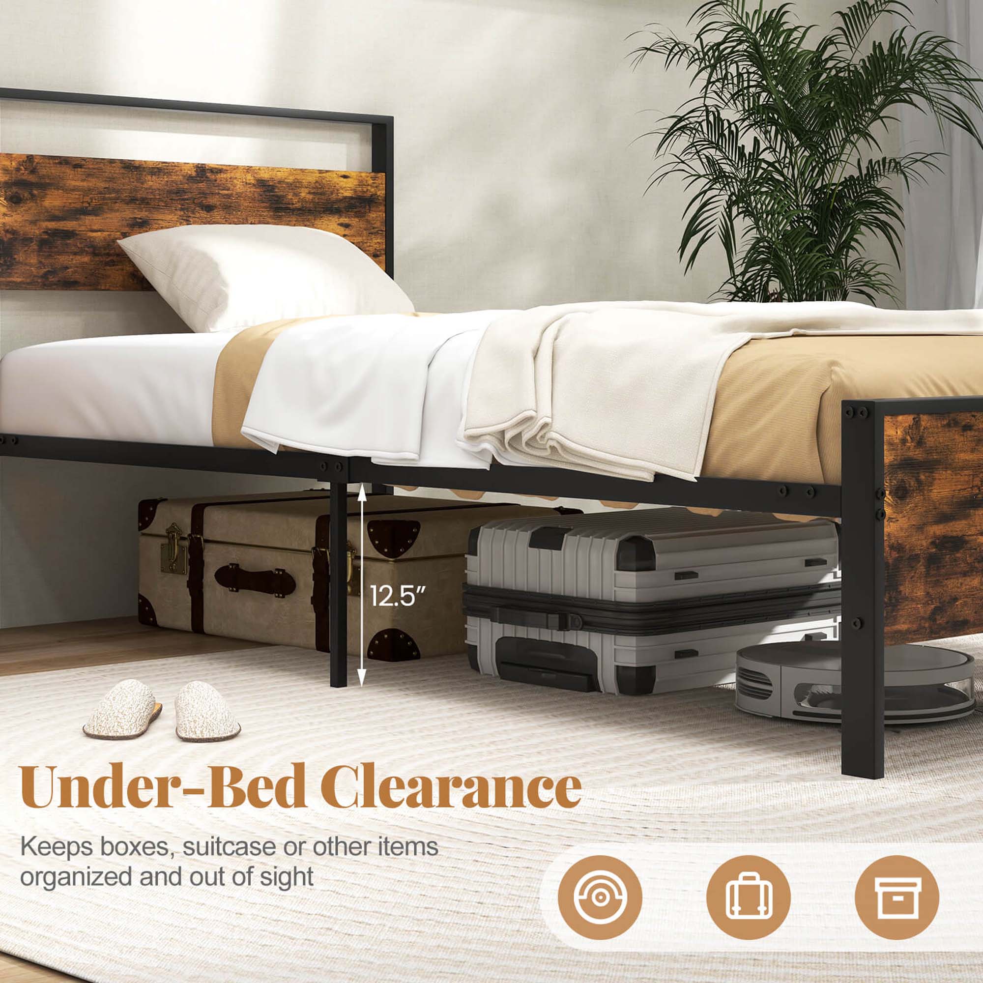 The text on the image reads: "12.5" Under-Bed Clearance Keeps boxes, suitcase or other items organized and out of sight."