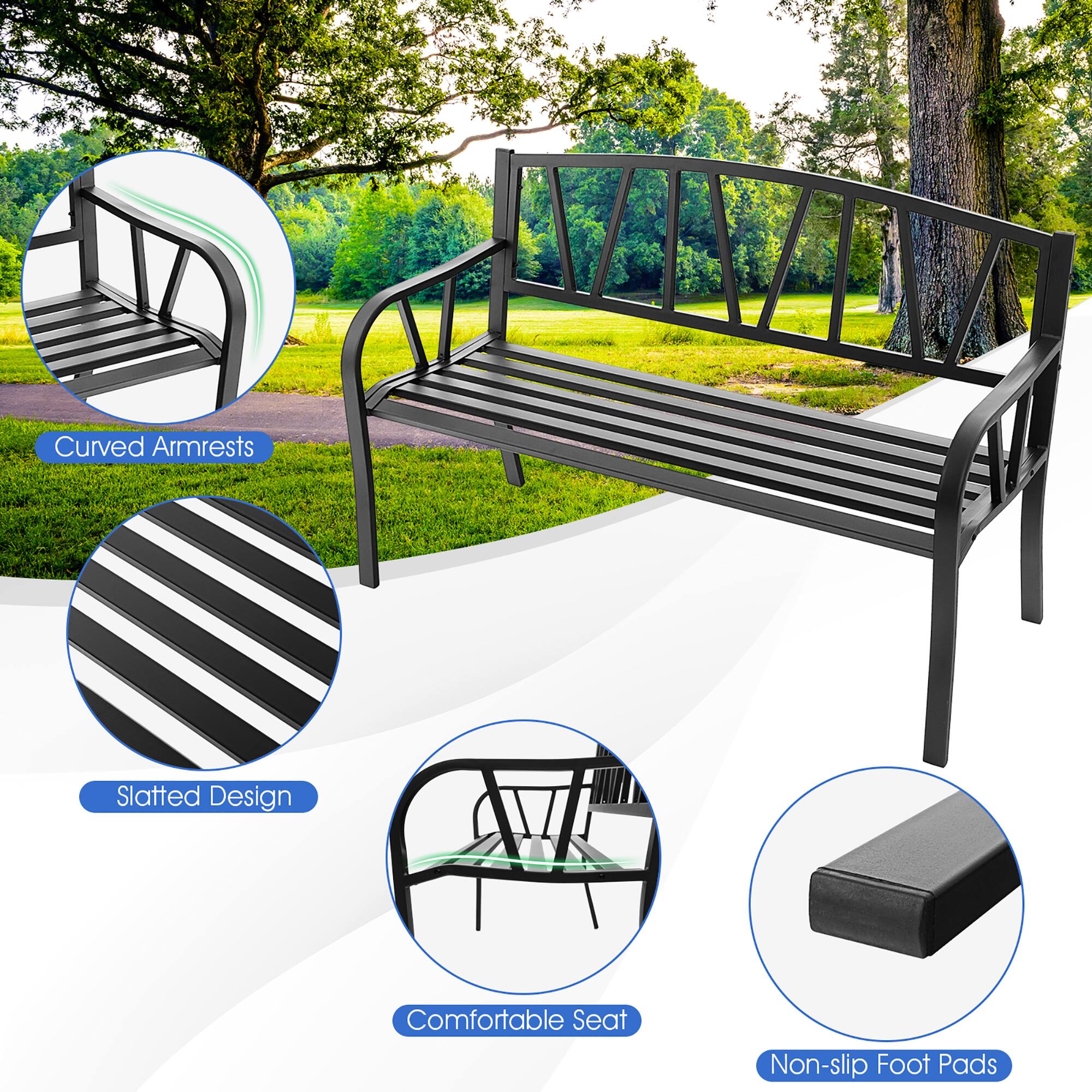 - Curved Armrests
- Slatted Design
- Comfortable Seat
- Non-slip Foot Pads