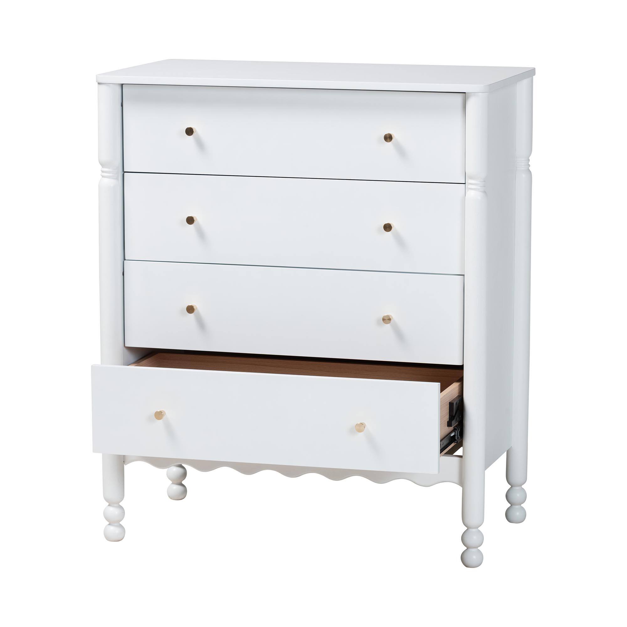 Angle. Baxton Studio - Hoffman Chest - 4-Drawer Vertical Storage Cabinet with Scalloped Apron and Turned Legs for Bedroom - White.
