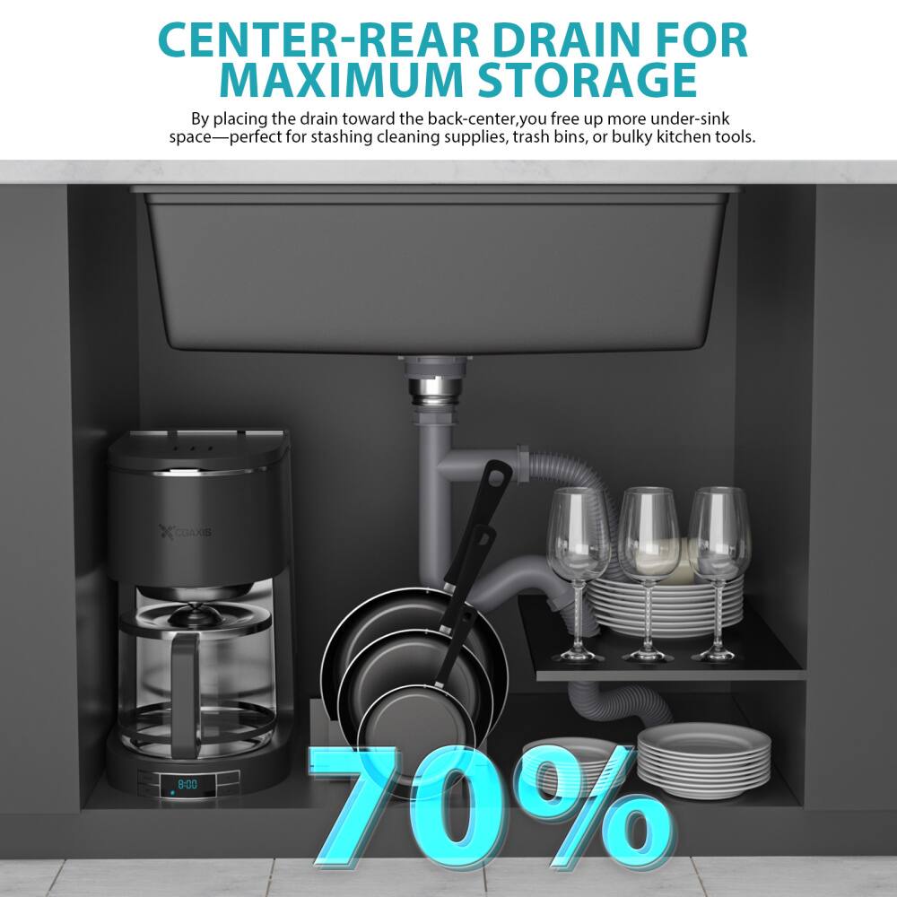 CENTER-REAR DRAIN FOR MAXIMUM STORAGE

By placing the drain toward the back-center, you free up more under-sink space—perfect for stashing cleaning supplies, trash bins, or bulky kitchen tools.

70%