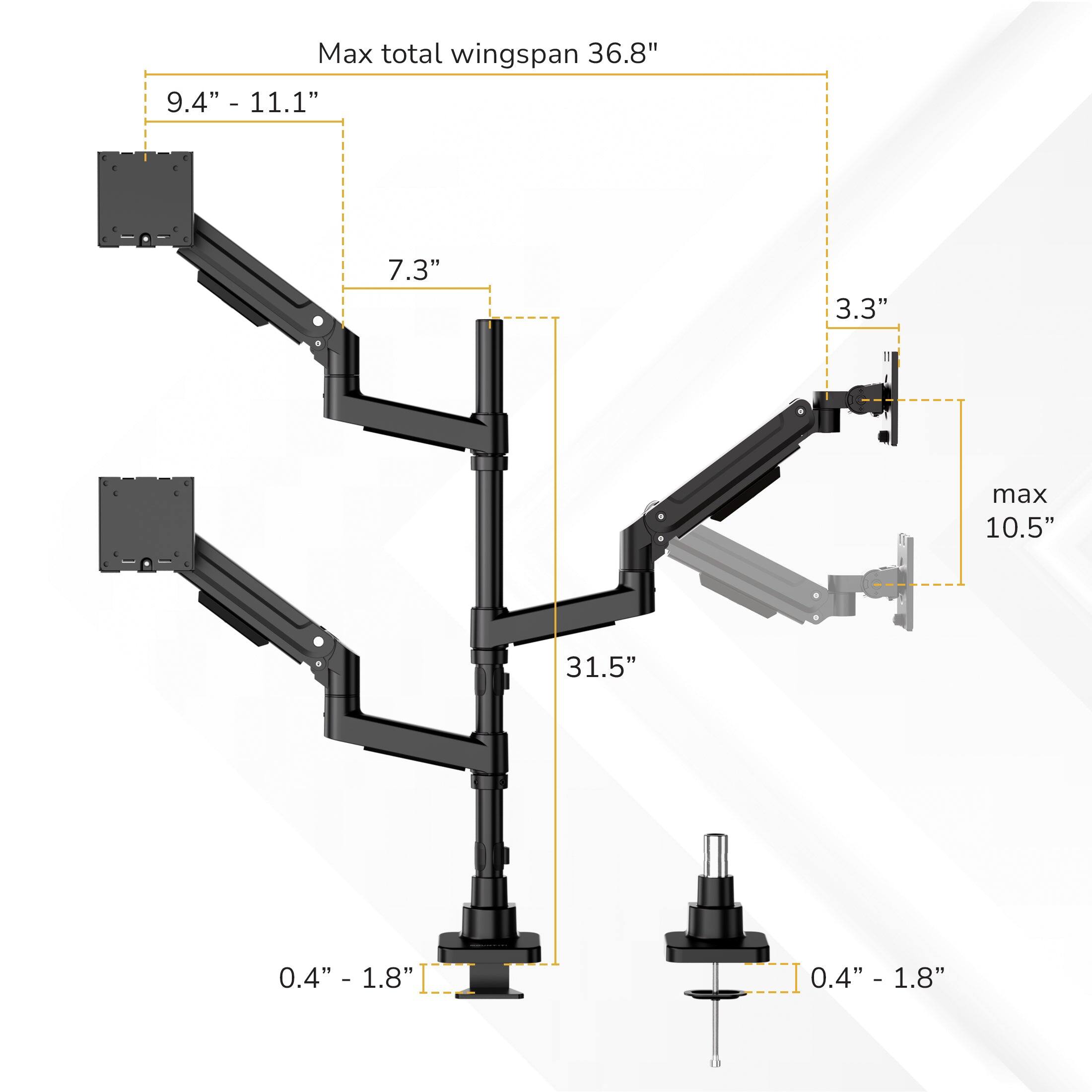 Max total wingspan 36.8"  
9.4" - 11.1"  
7.3"  
3.3"  
max 10.5"  
31.5"  
0.4" - 1.8"