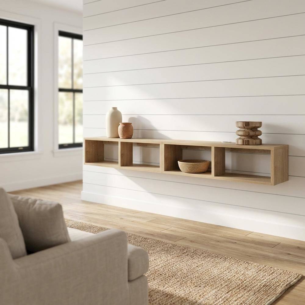 Alt View 1. FurniFact - Oak floating TV shelf, modern wall-mounted design, sleek entertainment setup - Beige.