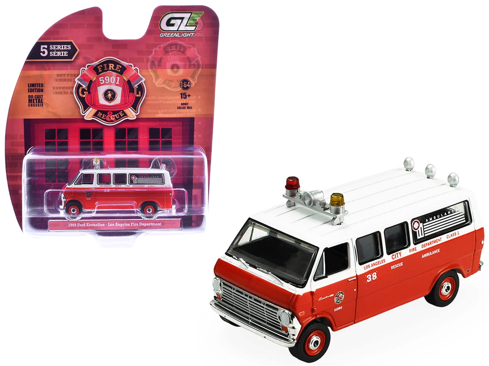 "1969 Ford Econoline Ambulance ""LAPD"" Red and White ""Fire & Rescue"" Series #5 1/64 Diecast Model Car by Greenlight" price history on PriceWatchPro