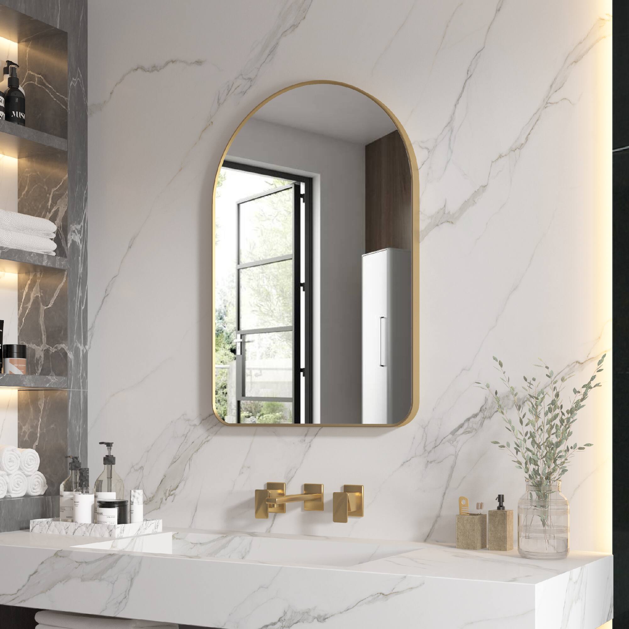 Alt View 2. WELLFOR - 24 in. W x 36 in H Arch Anodized Aluminum Framed Bathroom Vanity Mirror - Brushed Gold.