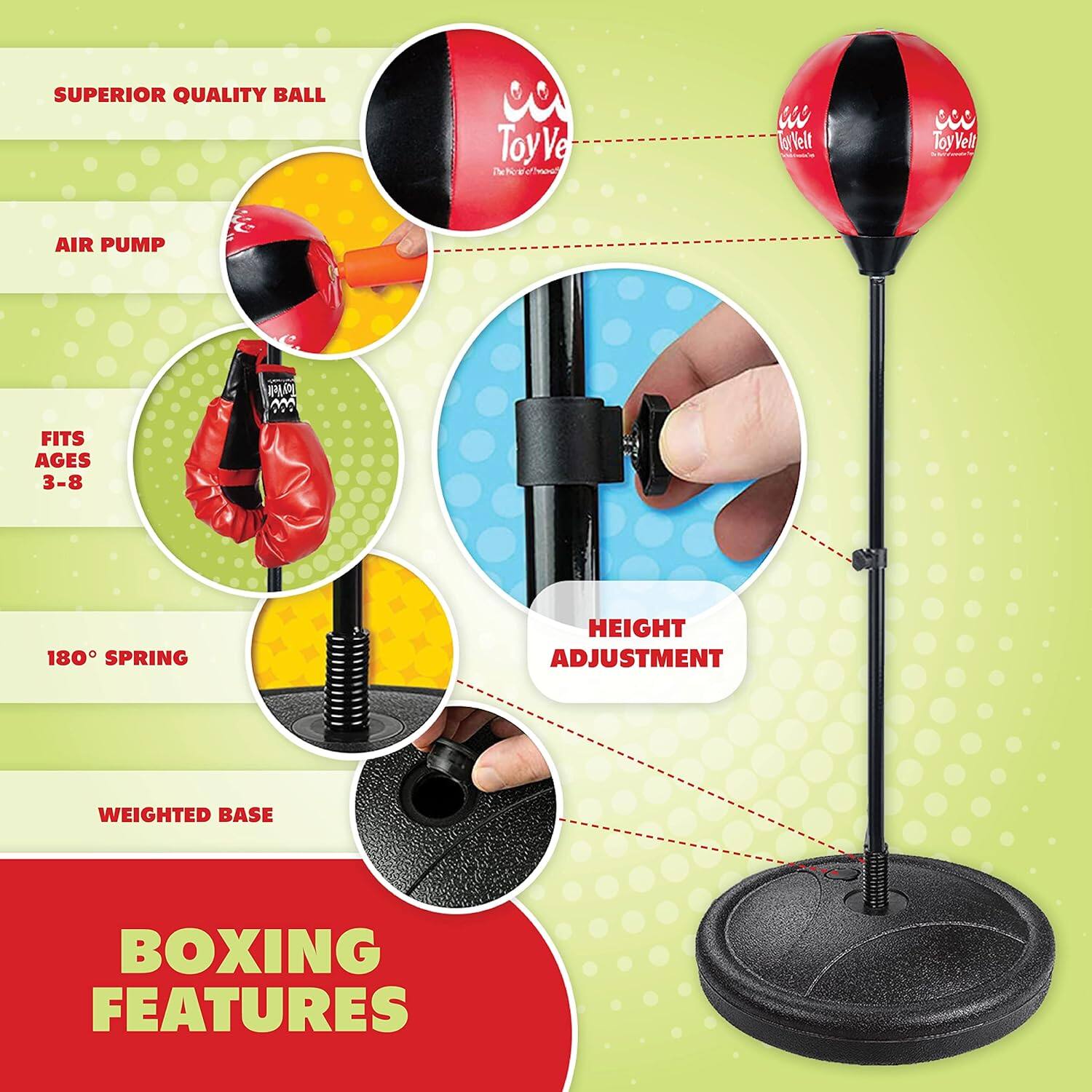 SUPERIOR QUALITY BALL, AIR PUMP, FITS AGES 3-8, 180° SPRING, HEIGHT ADJUSTMENT, WEIGHTED BASE, BOXING FEATURES
