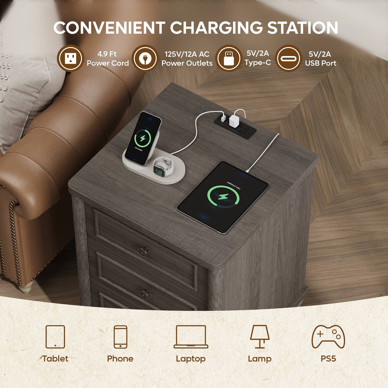 CONVENIENT CHARGING STATION

- 4.9 Ft Power Cord
- 125V/12A AC Power Outlets
- 5V/2A Type-C
- 5V/2A USB Port

2 cEs S + Tablet Phone Laptop Lamp PS5
