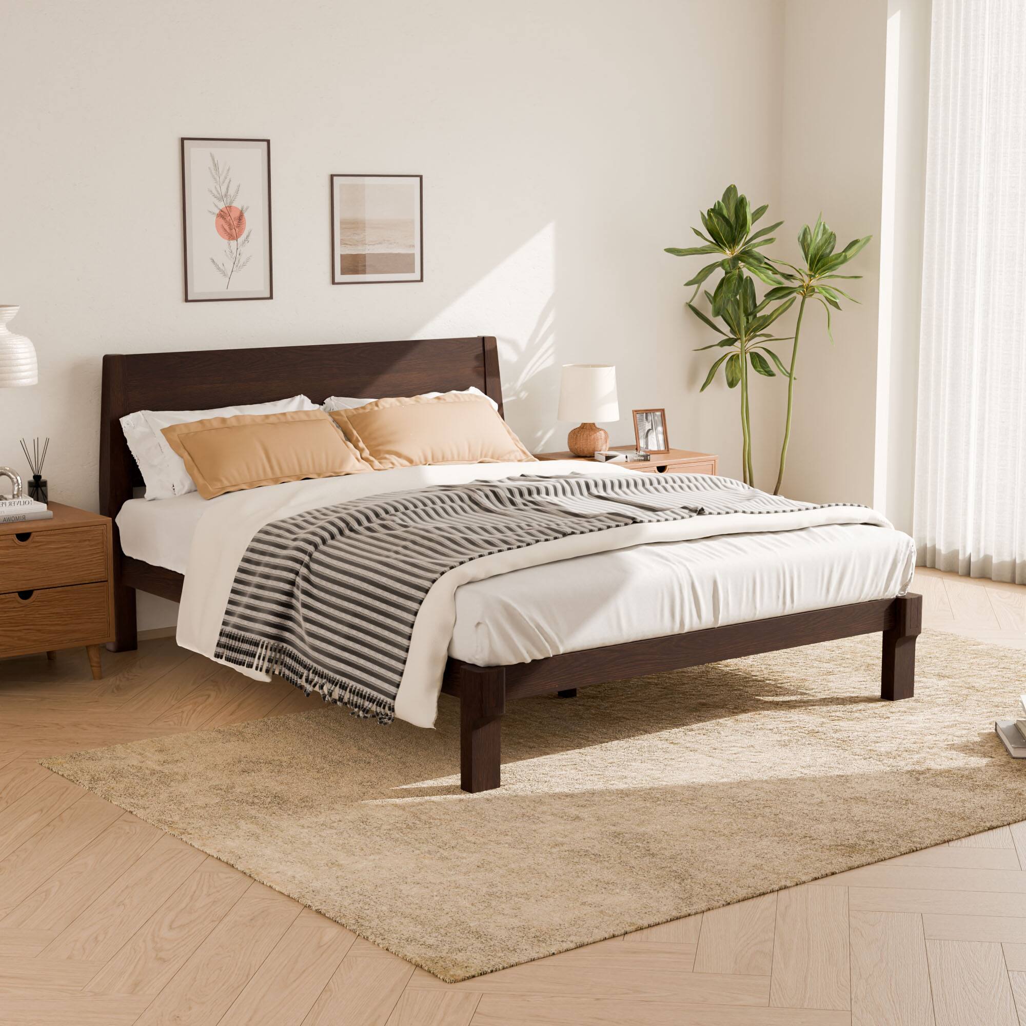 Angle. FlexiSpot - Kana Japanese Joinery Solid Wood Platform Bed Frame with Headboard - Dark Walnut.