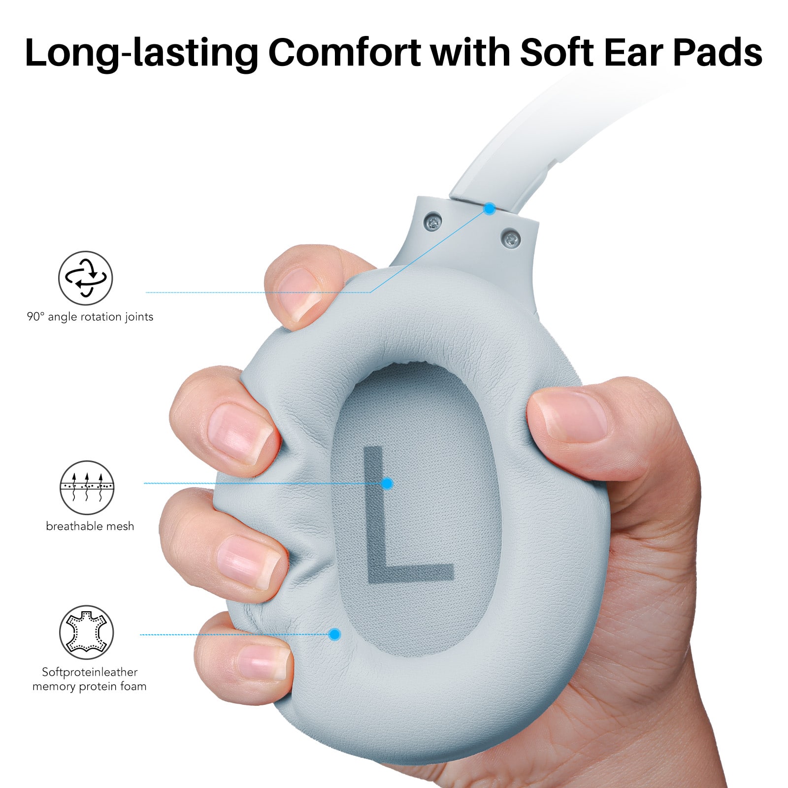 Long-lasting Comfort with Soft Ear Pads, 90° angle rotation joints, breathable mesh, Softproteinleather memory protein foam