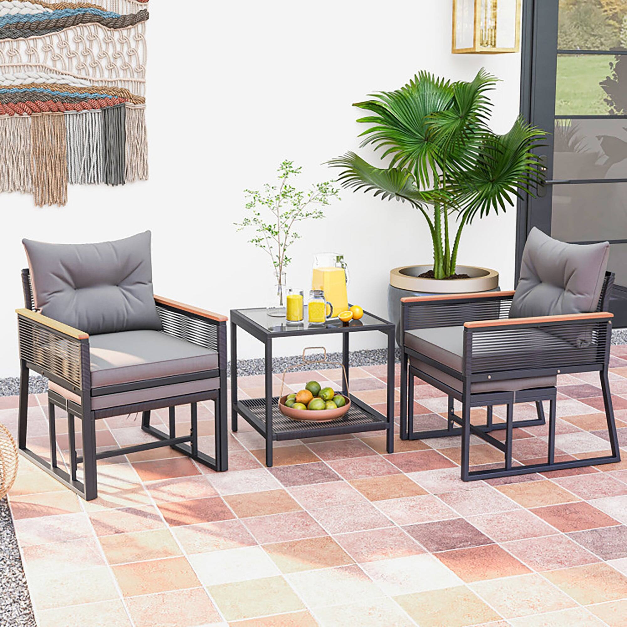 Alt View 7. Boyel Living - 5 Piece Outdoor Rattan Conversation Set with 2-Layer Side Table and 2 Ottomans - Gray.