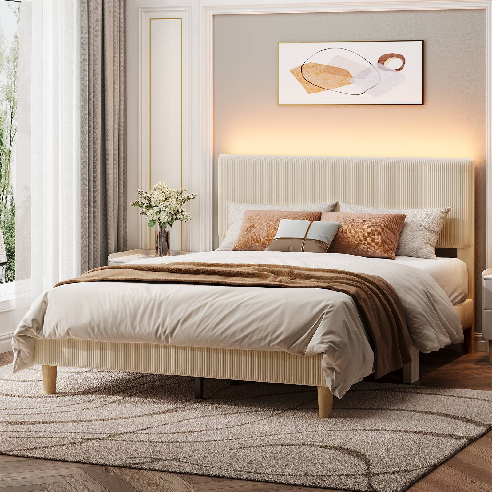 Back. Bestier - Queen Size Upholstered Bed Frame with LED Lights, Adjustable Headboard - Off White.