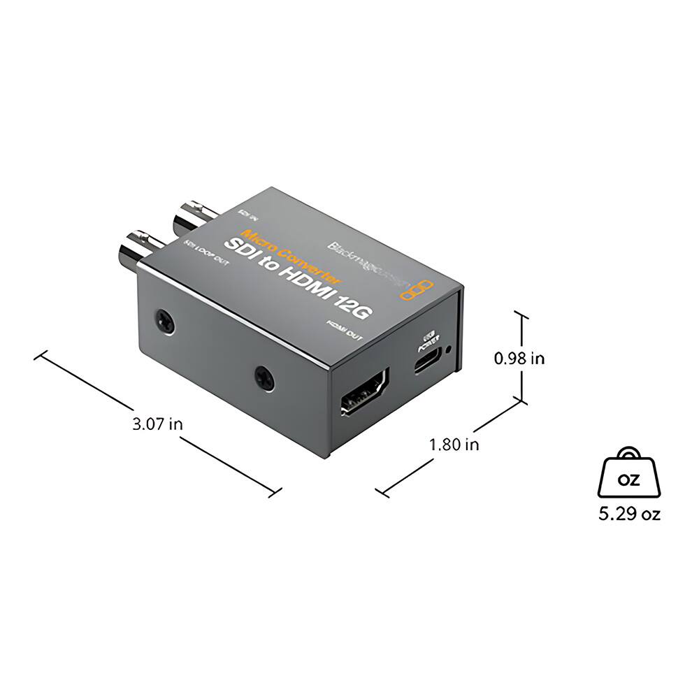 F ~N 0100 SDI Micro MicroConverter to Blackmagic HDMI 12G NOM OUT C0CE PORET 0.98 in 3.07 in 1.80 in OZ 5.29 oz