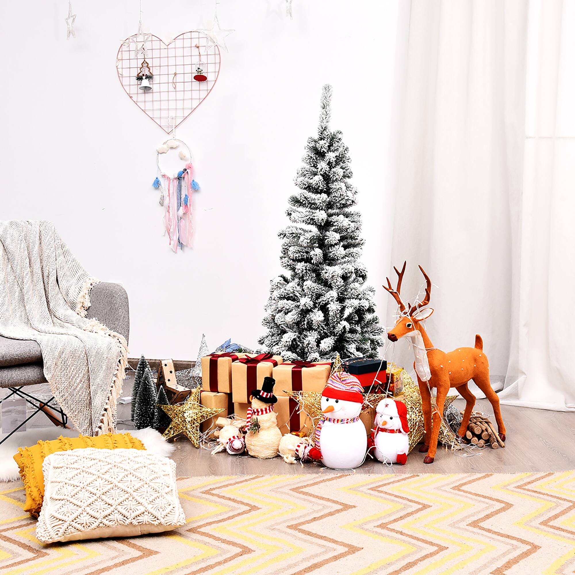 Alt View 8. Costway - Costway 4.5Ft Unlit Hinged Snow Flocked Artificial Pencil Christmas Tree with 242 Branch - Green,White.