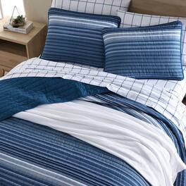 Hivvago - King Size Coastal Stripe Reversible Cotton Quilt Set - Blue