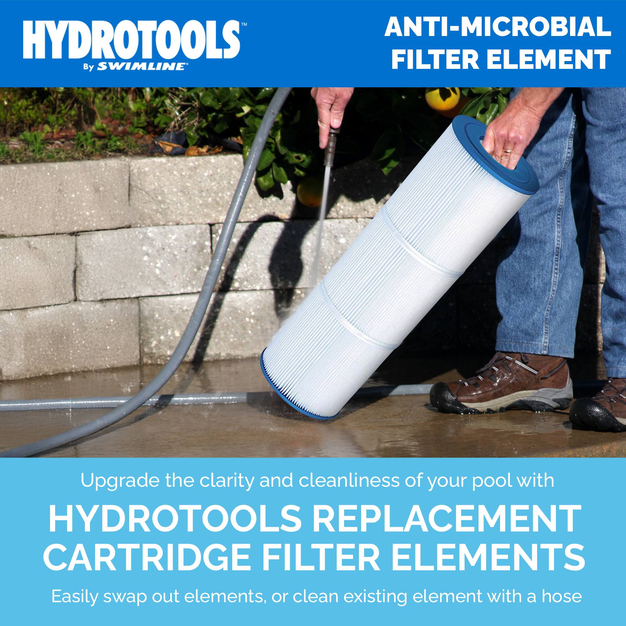 HYDROTOOLS  
By SWIMLINE  

ANTI-MICROBIAL FILTER ELEMENT  

Upgrade the clarity and cleanliness of your pool with HYDROTOOLS REPLACEMENT CARTRIDGE FILTER ELEMENTS  

Easily swap out elements, or clean existing element with a hose