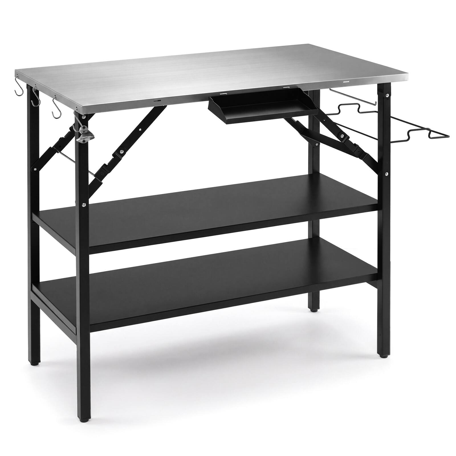 Alt View 9. Costway - Costway Foldable Outdoor Cook Station with 2 Removable Shelves, Trash Bag Holder, 4 S-Hooks - Black + Silver.
