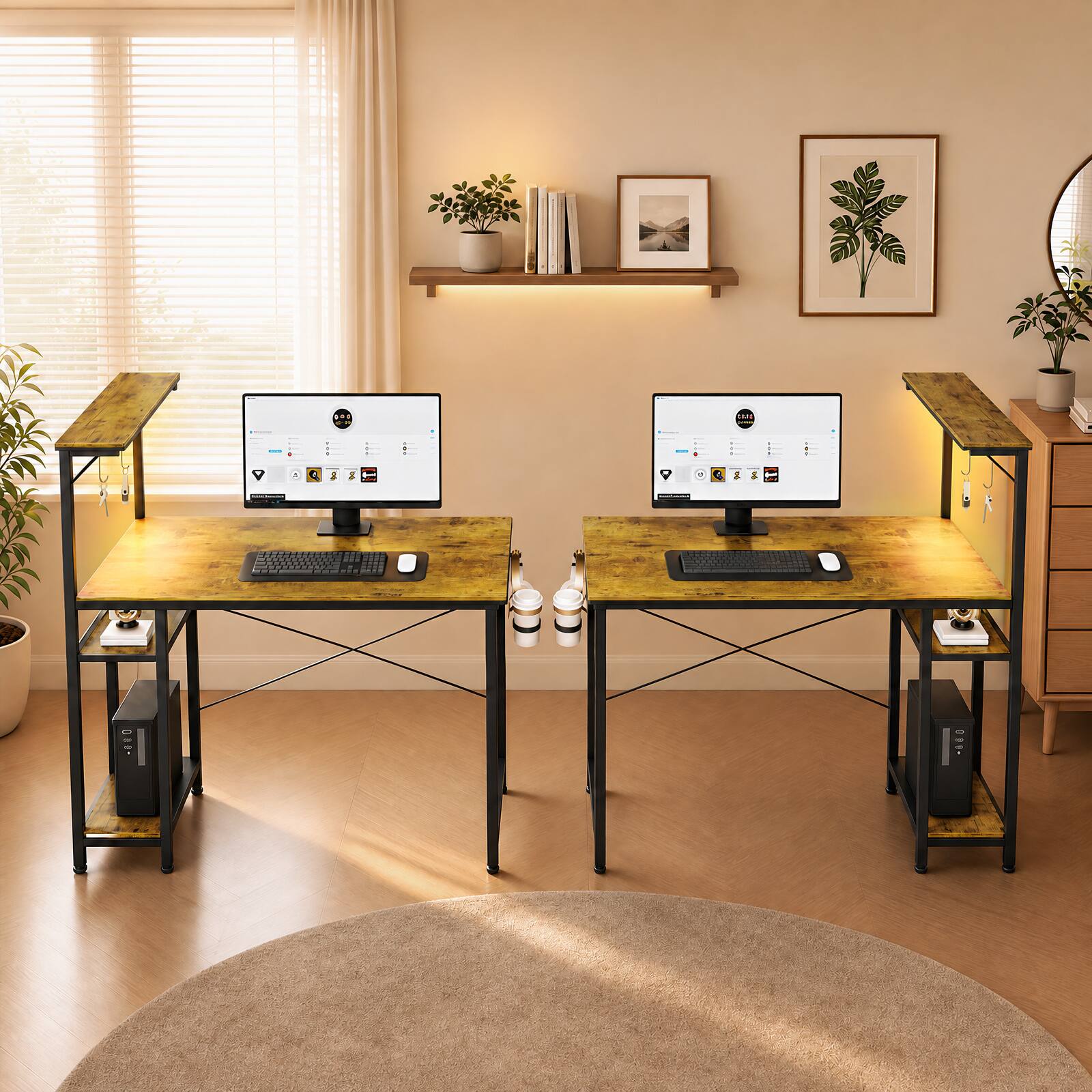 Alt View 3. Comhoma - RGB Office Desk Reversible Executive Desk 4-Tier Storage with LED Lighting,Hooks and Cup Holder - Wood.
