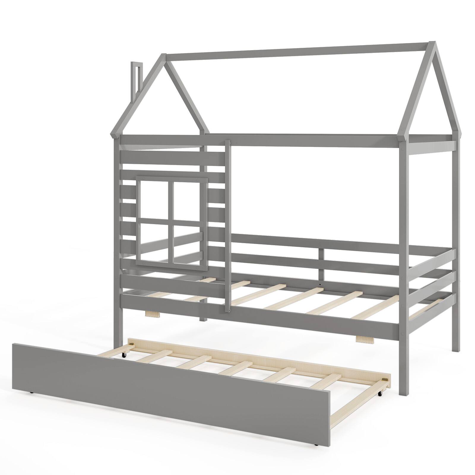 Alt View 9. Gymax - Gymax Twin Size House Bed with Trundle Wooden Platform Bed w/ Roof Chimney & Window Gray - Gray.