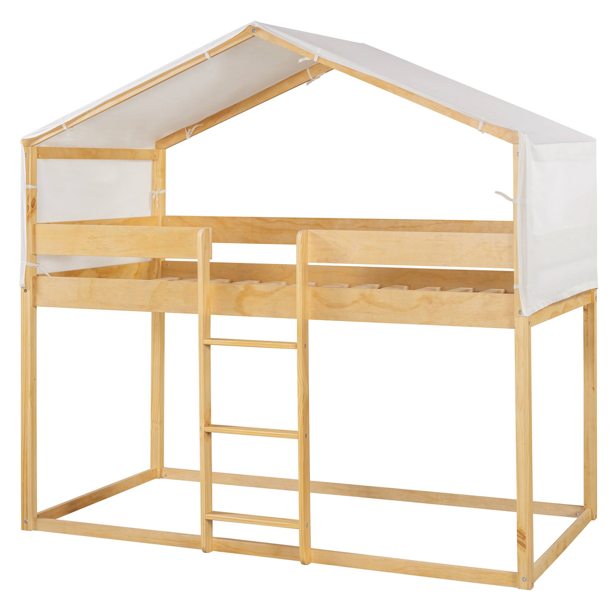 Back. GOODSILO - Space-Saving Twin Over Twin Wooden Bunk Bed with Playful Tent Design for Kids - Natural.