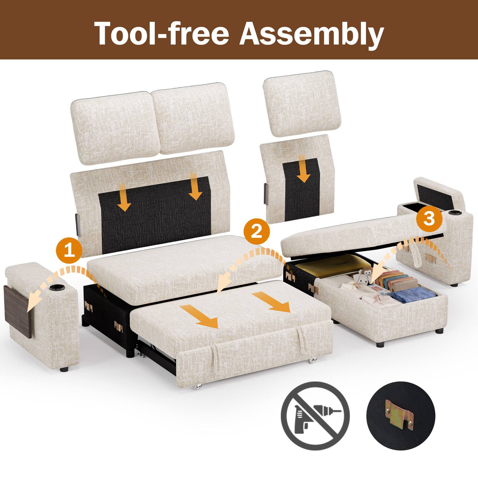 Left. Dyonery - Dyonery 85 "Modular sofa, adjustable backrest, with storage, tool-free assembly, Chenille Beige - Beige.