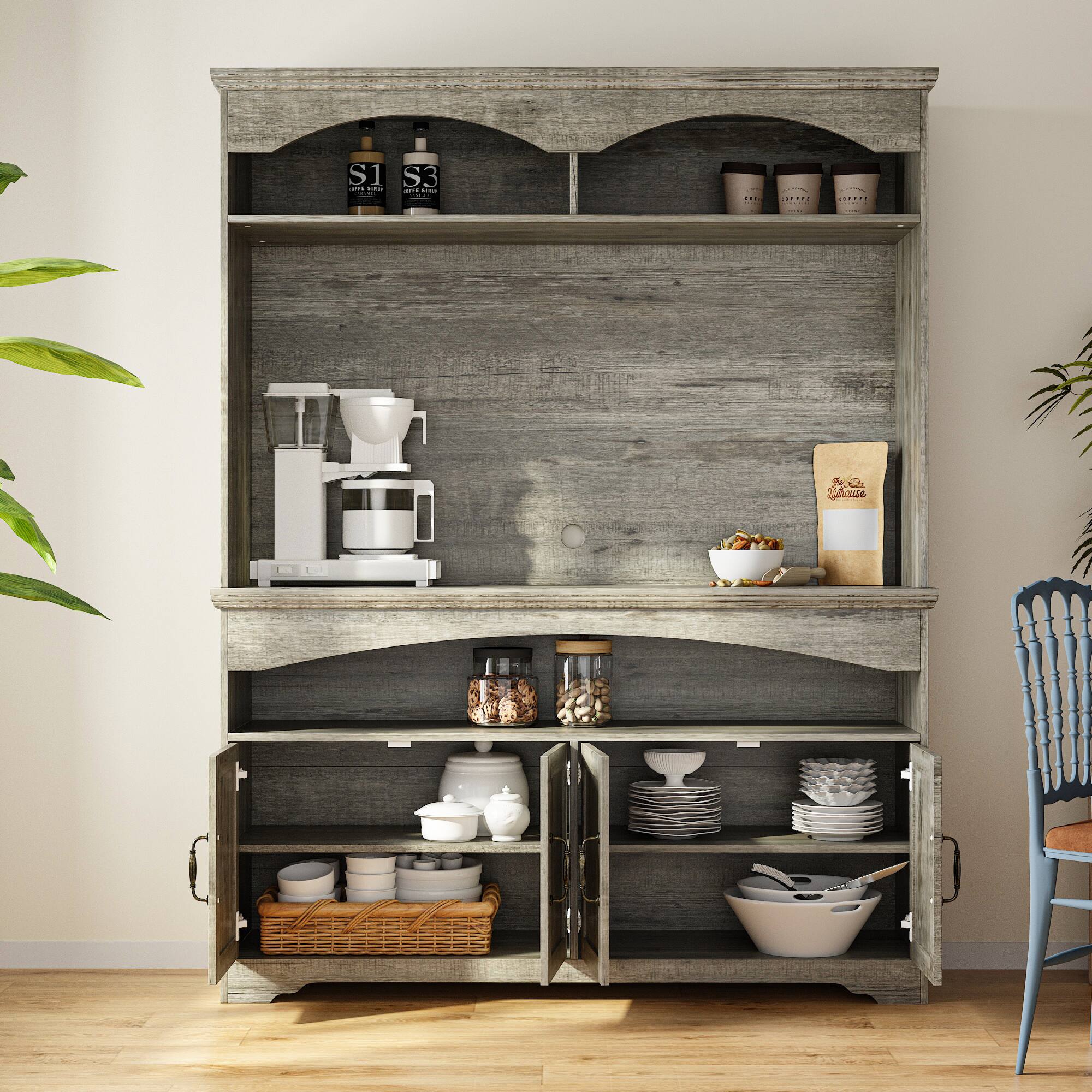 Left. FUFU & GAGA - Mid-Century Storage Cabinet with Bronze Bridge Handles and Multi-Compartment Design for Living Room or Dining Room - Gray.