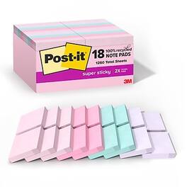 Post-it - Recycled Super Sticky Notes, 1 7/8" x 1 7/8", Wanderlust Pastels Collection, 70 Sheet/Pad, 18 Pads/Pack - Assorted