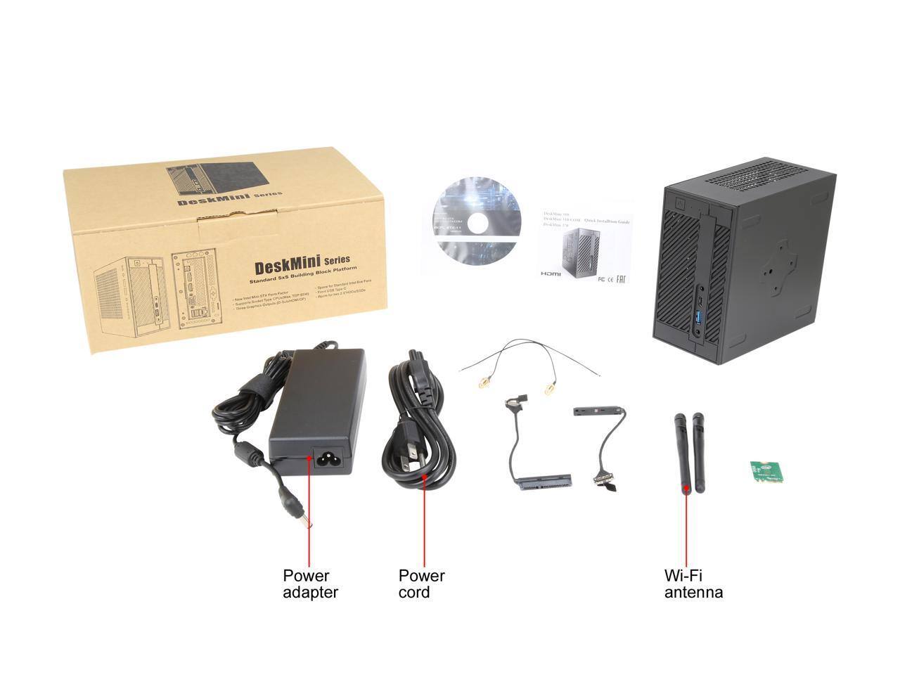 DeskMini Series  
Standard 8S & Bubding  
Building Block Platform  

Power adapter  
Power cord  
Wi-Fi antenna