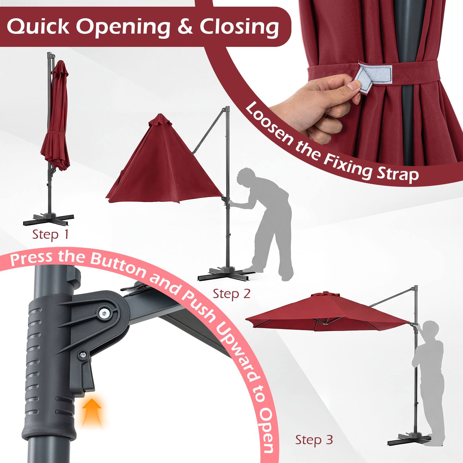 Quick Opening & Closing

1. Loosen the Fixing Strap
2. Press the Button and Push Upward to Open
3.