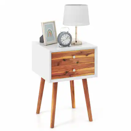 Front. Costway - 2-drawer Nightstand Multifunctional Bedside Storage Table Wooden Modern Bedroom - White/Brown.