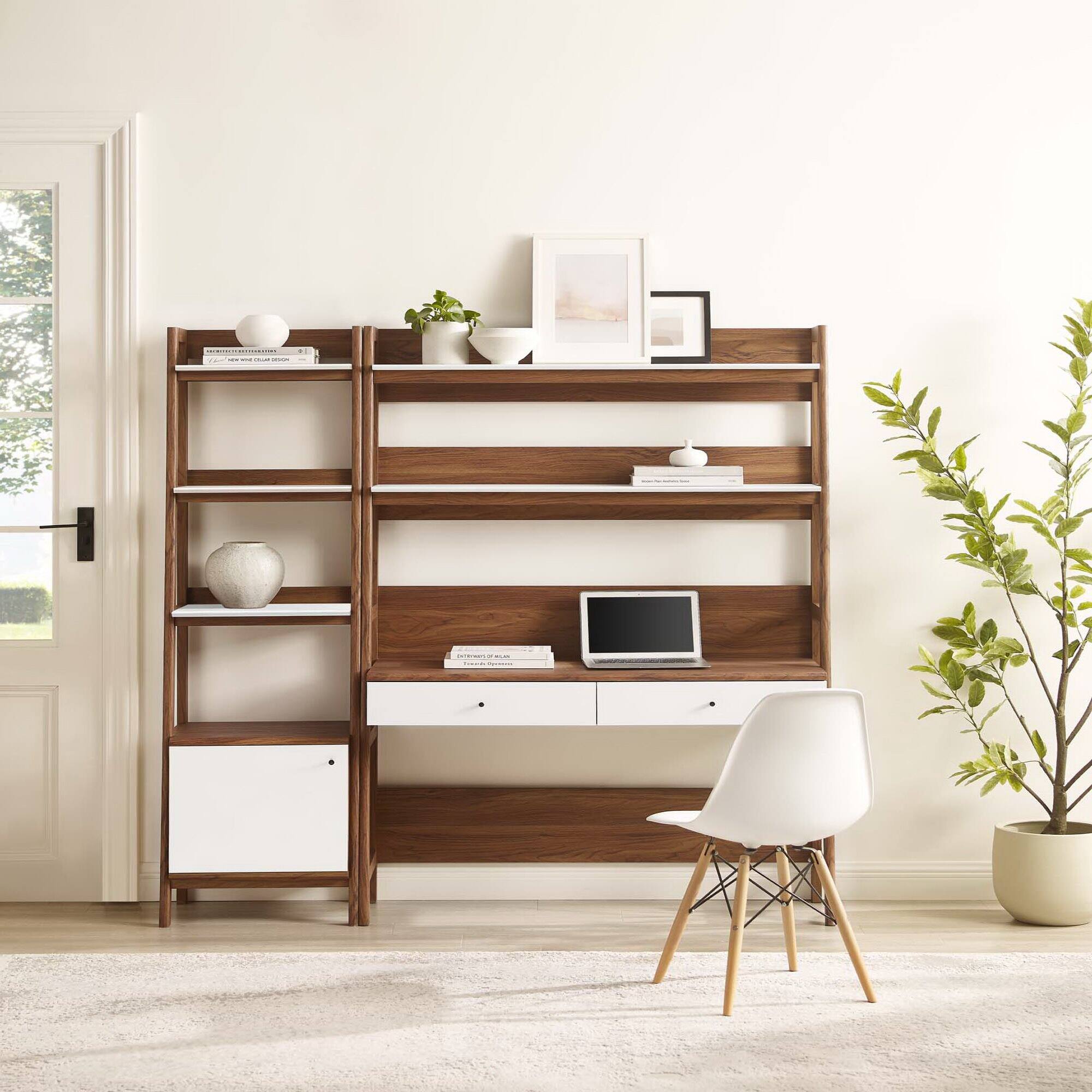 Back. Modway - Bixby 2-Piece Wood Office Desk and Bookshelf by Modway - Walnut White.