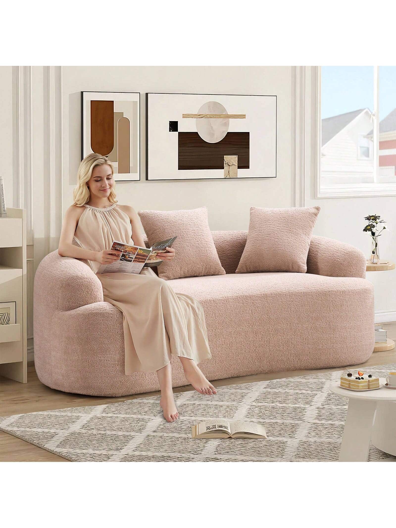 Trinkets Crazed - 65" Curved Small Loveseat Sofa,Cozy Chenille Upholstered Couch With 3 Pillows,Modern Deep Seat Cloud Couch - Beige